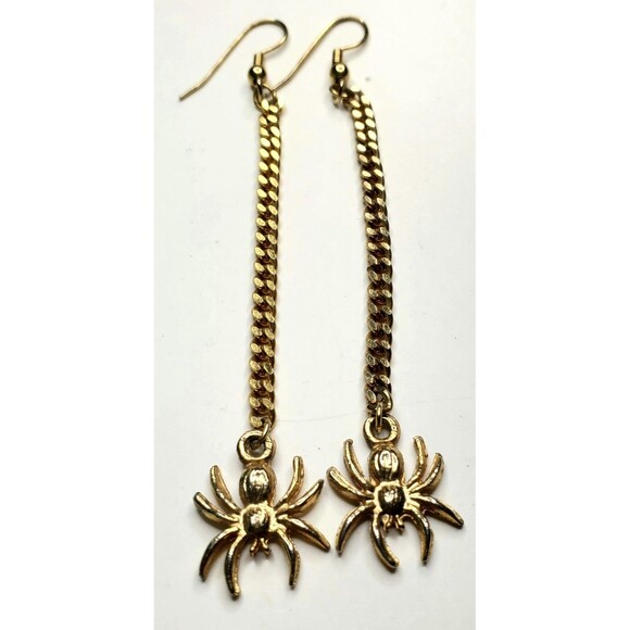 Gold Spider Drop Dangle Earrings 3.5" Unmarked Halloween Costume Jewelry Boho... - Picture 9 of 11